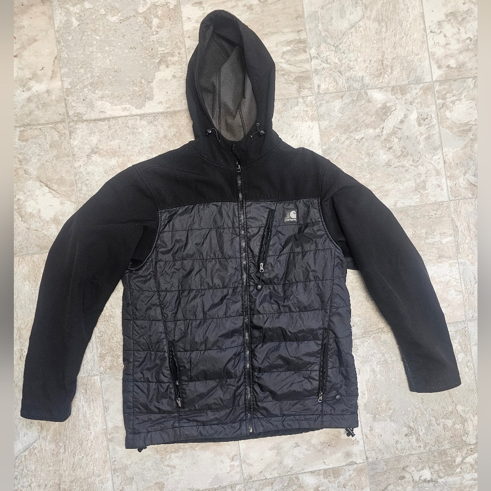 Carhartt Mens Jacket Soft Shell Hybrid Puffer J294 Black Size Medium Hooded Coat